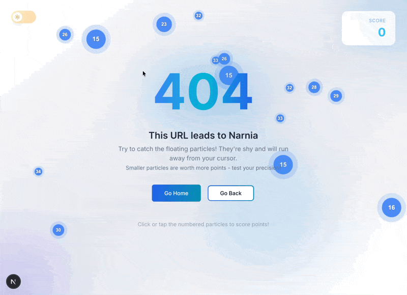404 page particle-catching game